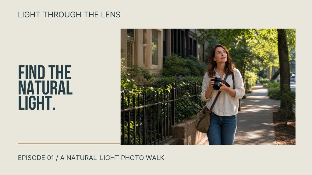YouTube thumbnail with a woman holding a camera on a sunlit sidewalk beside bold text about natural light.