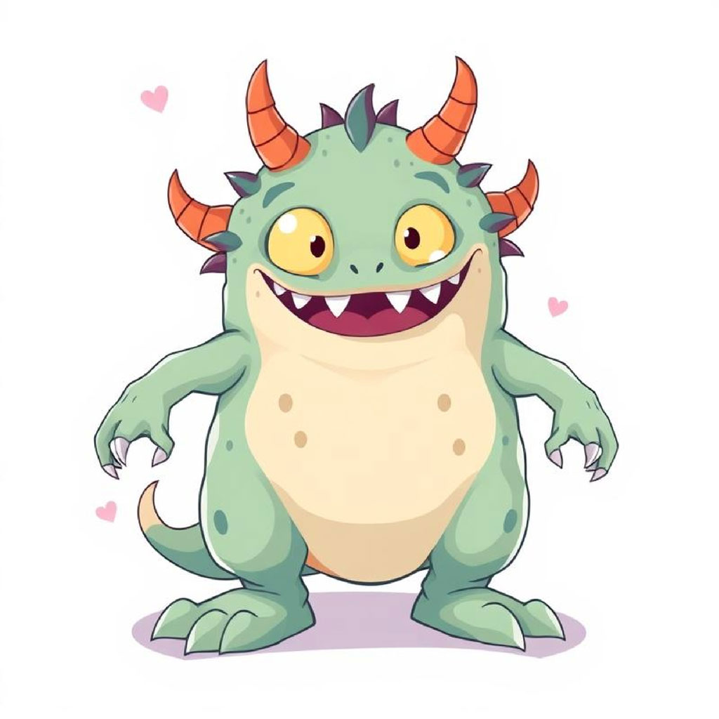 A cute green monster with orange horns and a big smile surrounded by pink hearts.