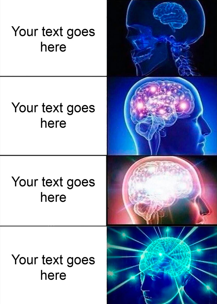 A four-panel meme template with brain activity images