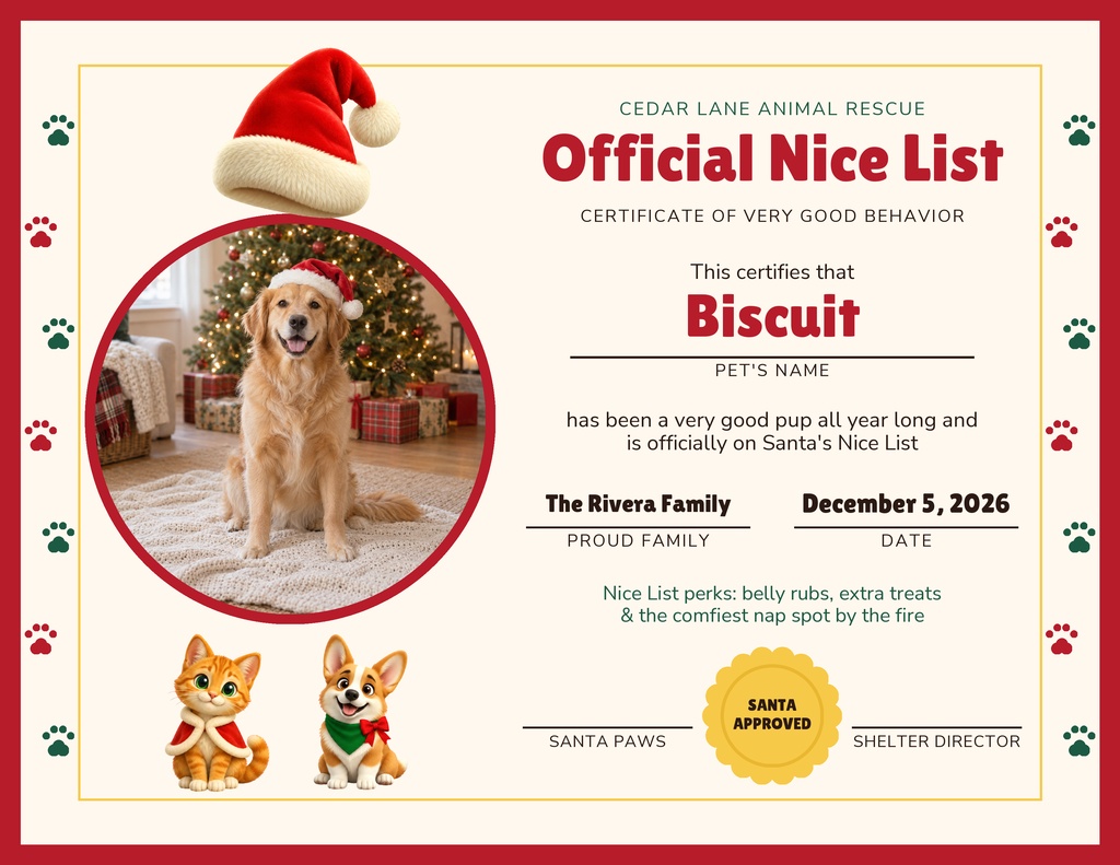 Preview for Santa Paws Portrait Day Keepsake Certificate Template
