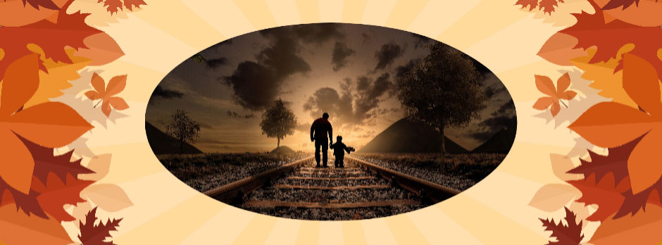 A man and a child walking on train tracks towards a sunset with dark clouds and autumn leaves in the foreground.