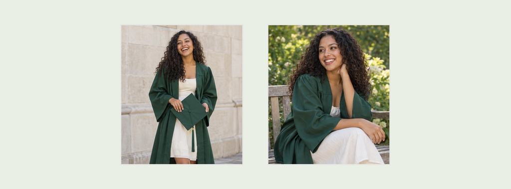 Two-photo collage of a smiling graduate in a green gown and cap outdoors.