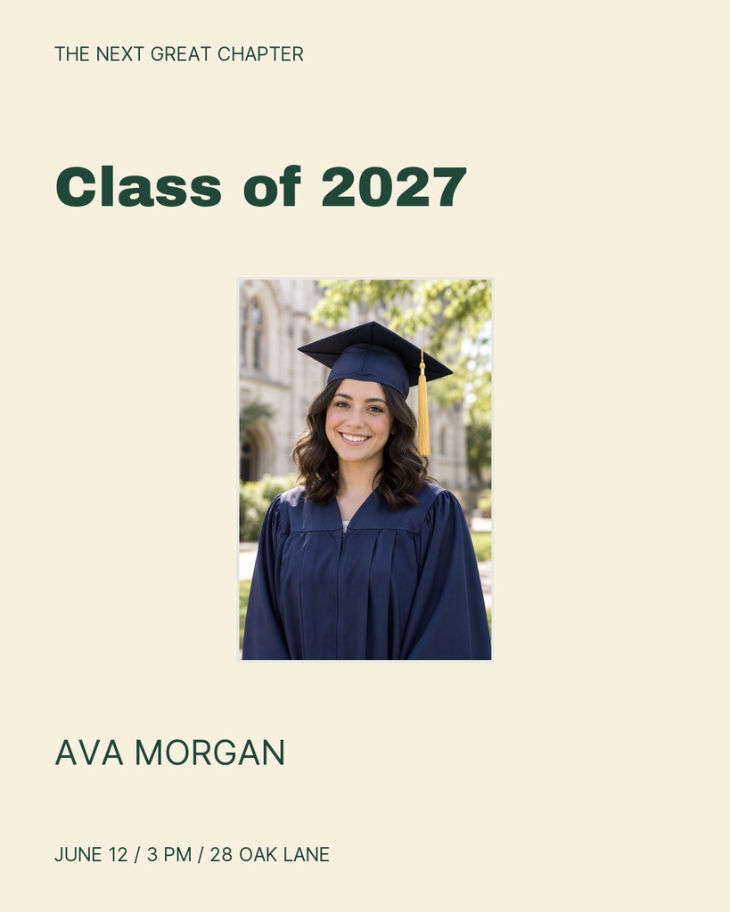 Portrait graduation invitation with cream background, Class of 2027 text, and a graduate photo.