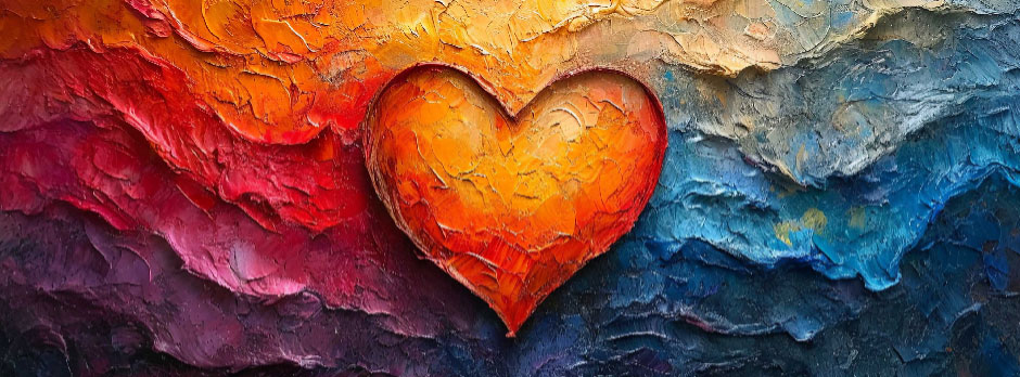 A heart shape in shades of orange and red on a multicolored textured surface