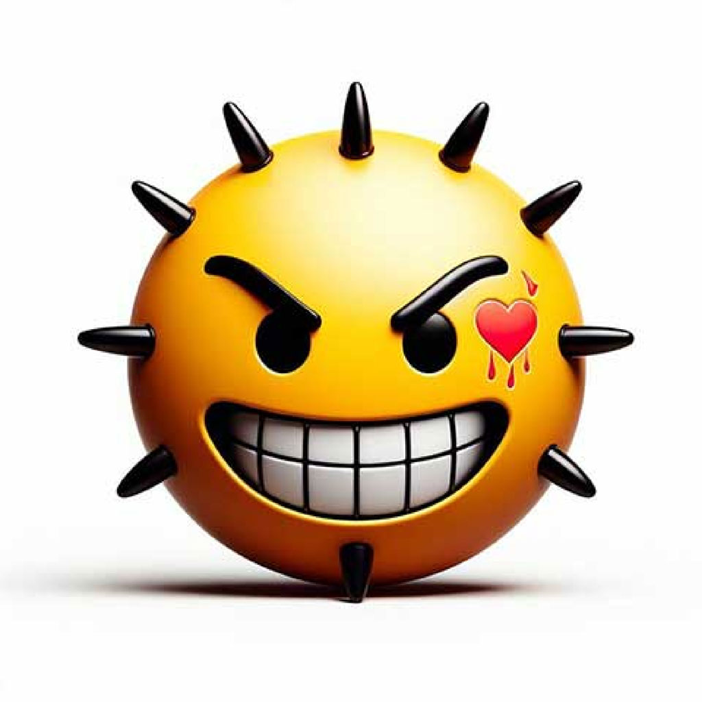 Cartoon character with blue and purple spiky hair, black leather jacket, and pink graphic t-shirt.