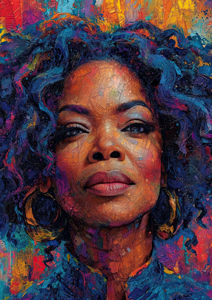 A close-up portrait of a woman with curly hair and gold hoop earrings, surrounded by a vibrant and textured background.