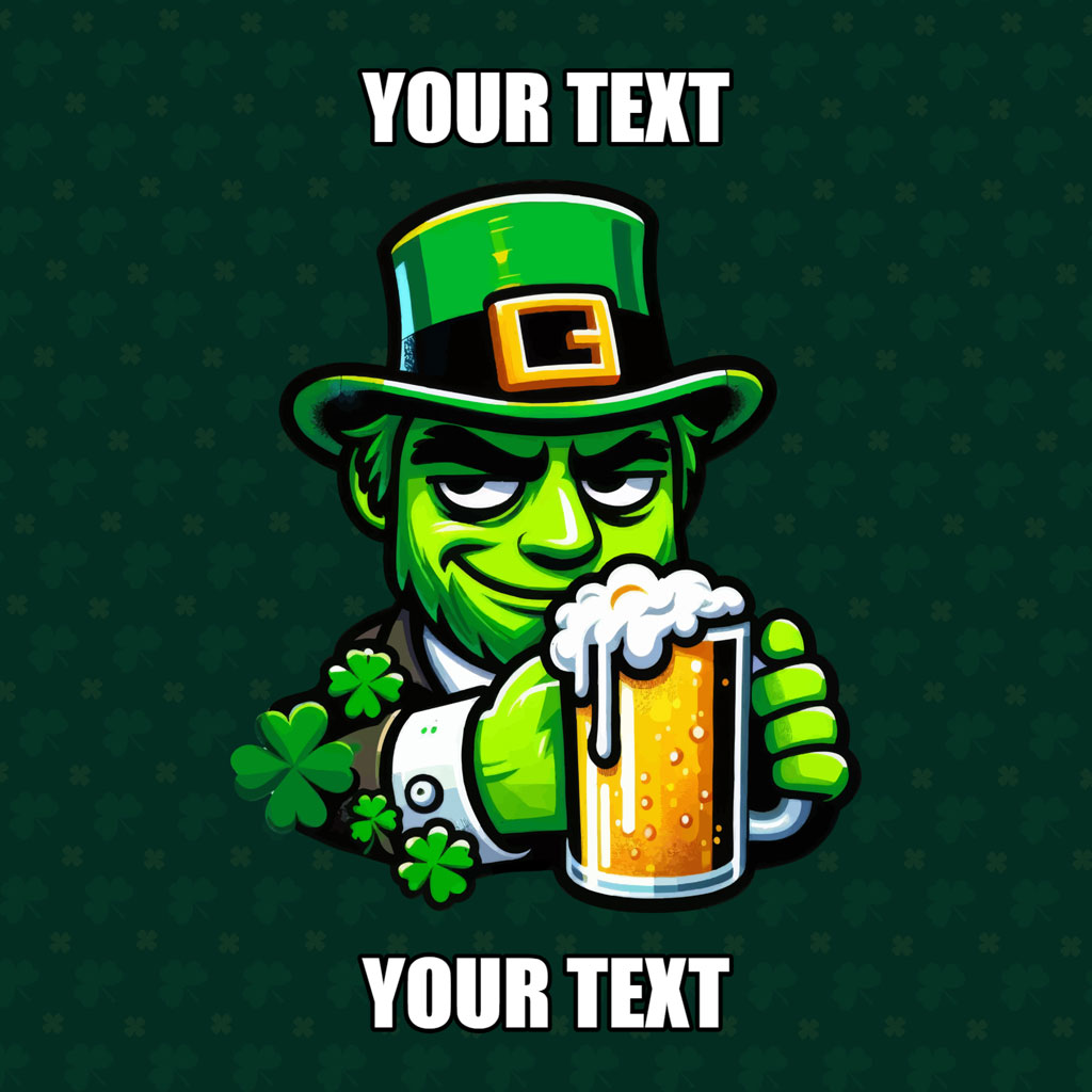 Cartoon leprechaun in a green hat holding a beer mug