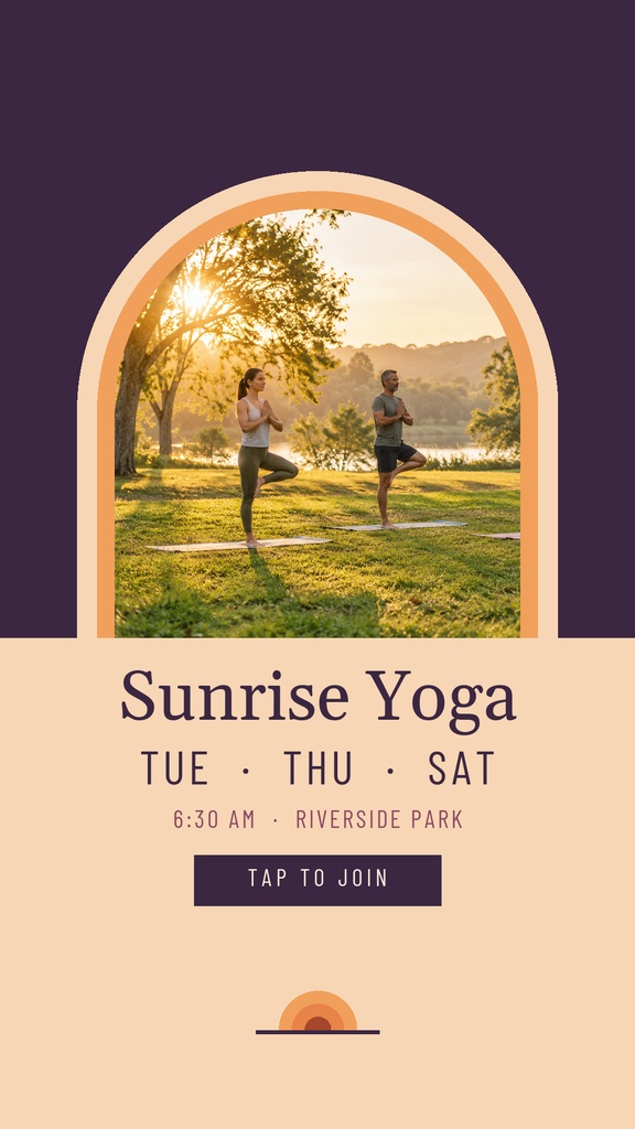 Instagram Story template with two people doing yoga in a park at sunrise.