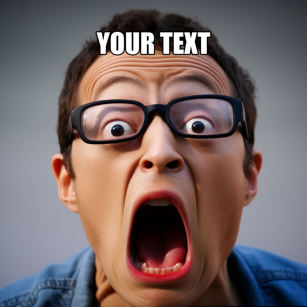 A man with a shocked expression, wearing black glasses and a denim shirt.