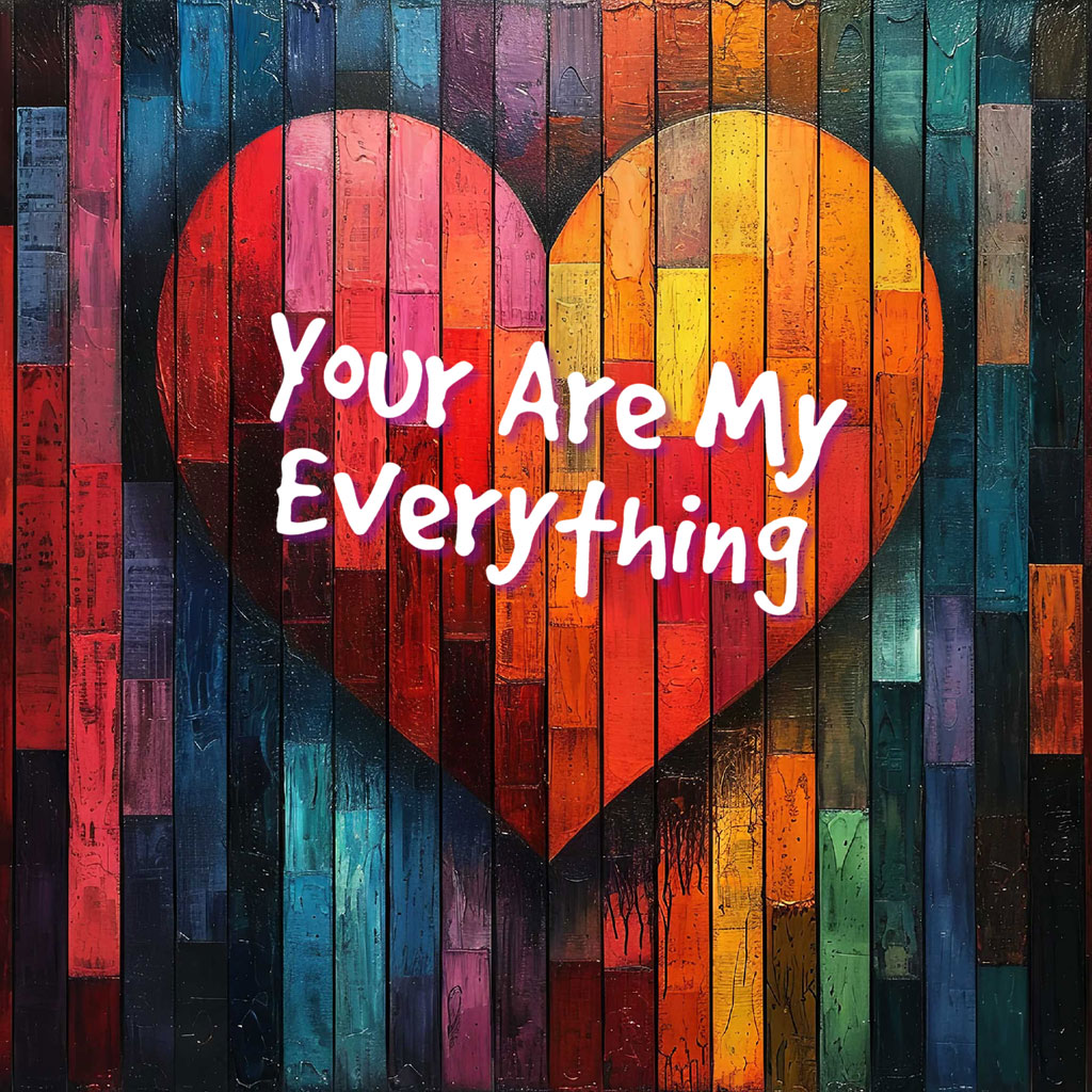 A heart-shaped artwork made from multicolored wooden planks with the text 'You Are My Everything'.