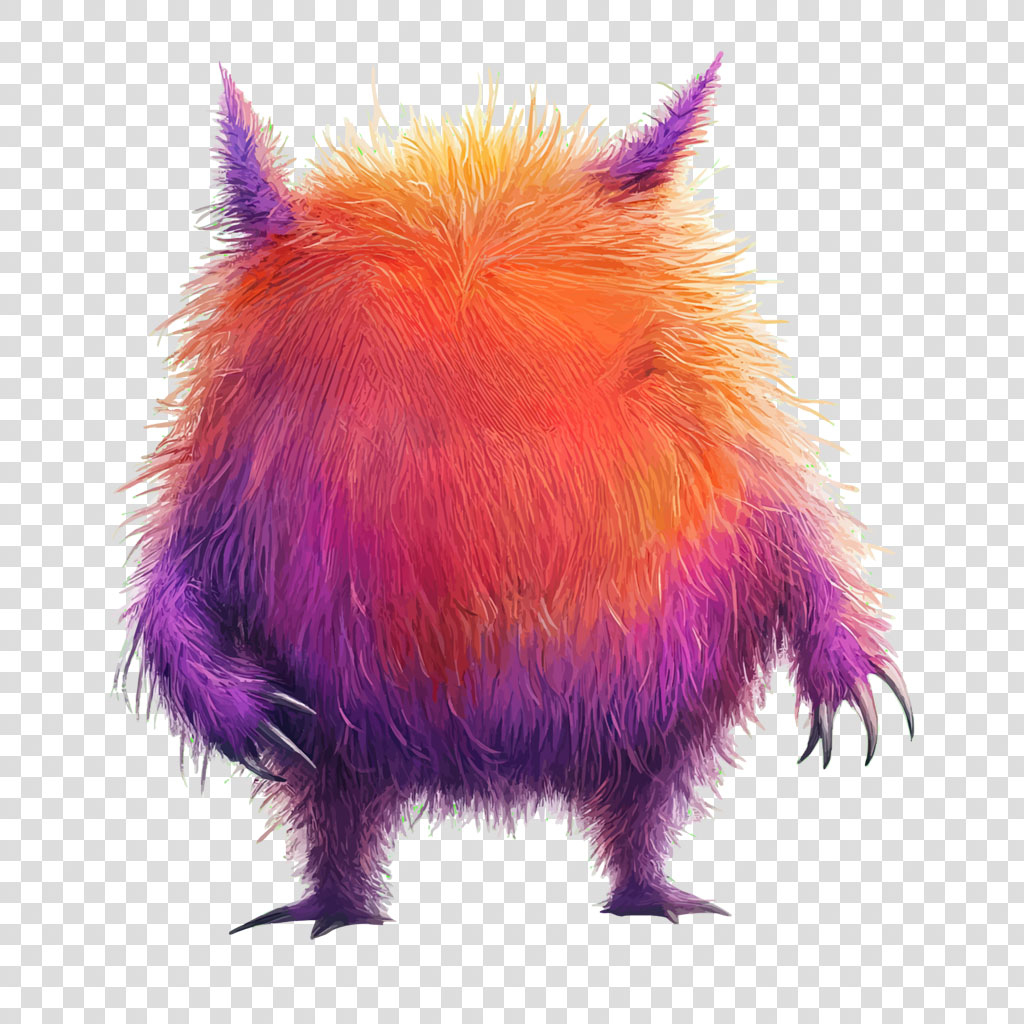 A furry monster with purple, orange, and yellow fur, sharp claws, and pointed ears.