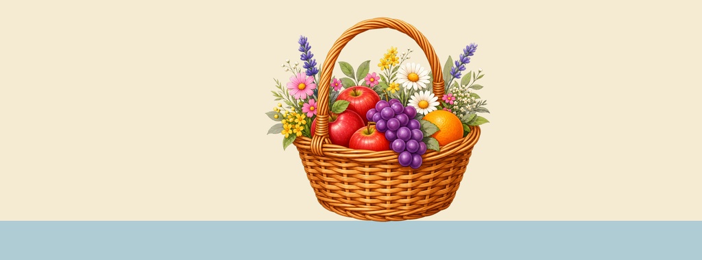 Wicker basket filled with fruit and flowers on a pale background with a blue band below.