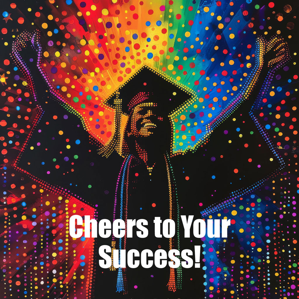 Graduate in cap and gown with arms raised amidst colorful dots