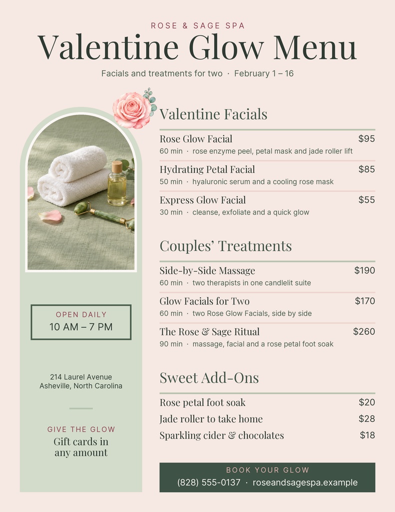 Portrait spa menu with Valentine Glow title, facial treatments, couples massages, and add-on prices.