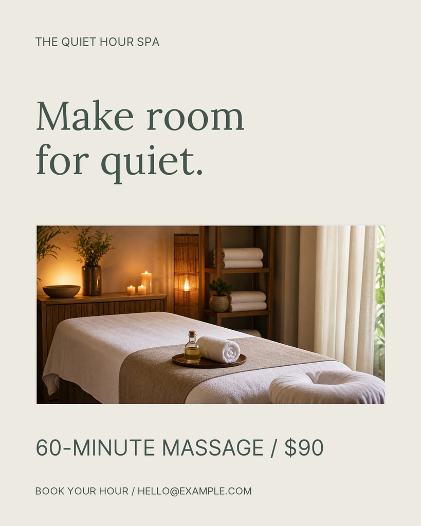 A spa portrait post with a massage bed, soft lighting, and text announcing a quiet hour spa offer.