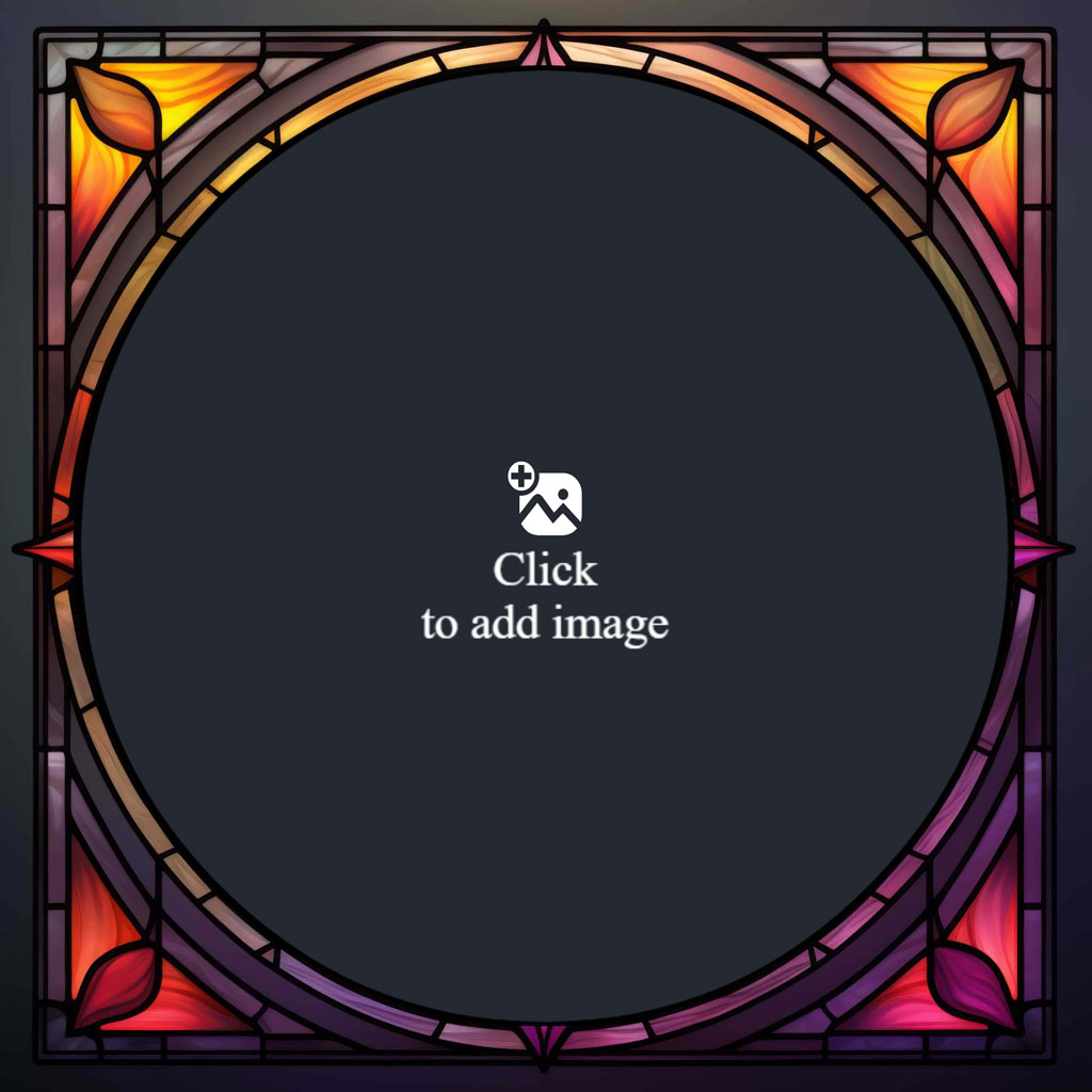 Stained glass frame with a circular center and colorful leaf motifs