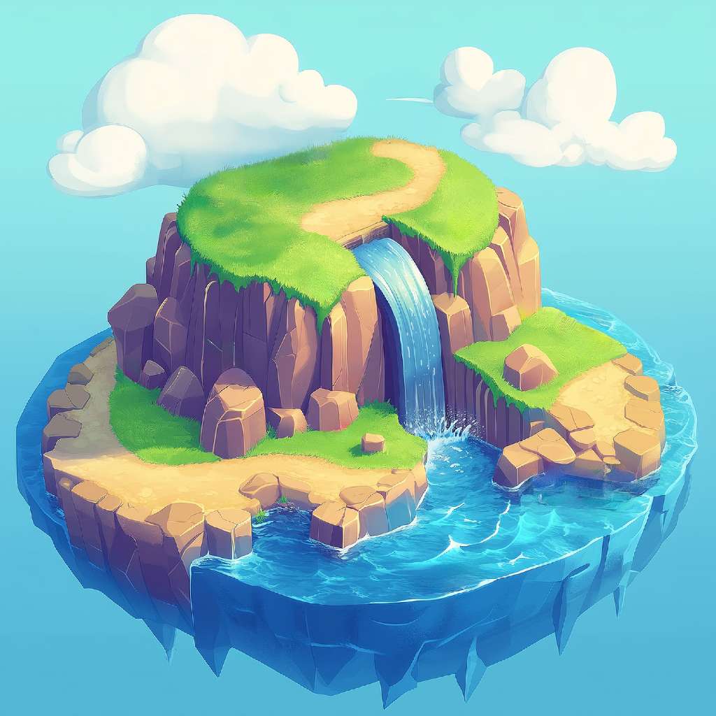 A cartoon island with a waterfall cascading into the ocean