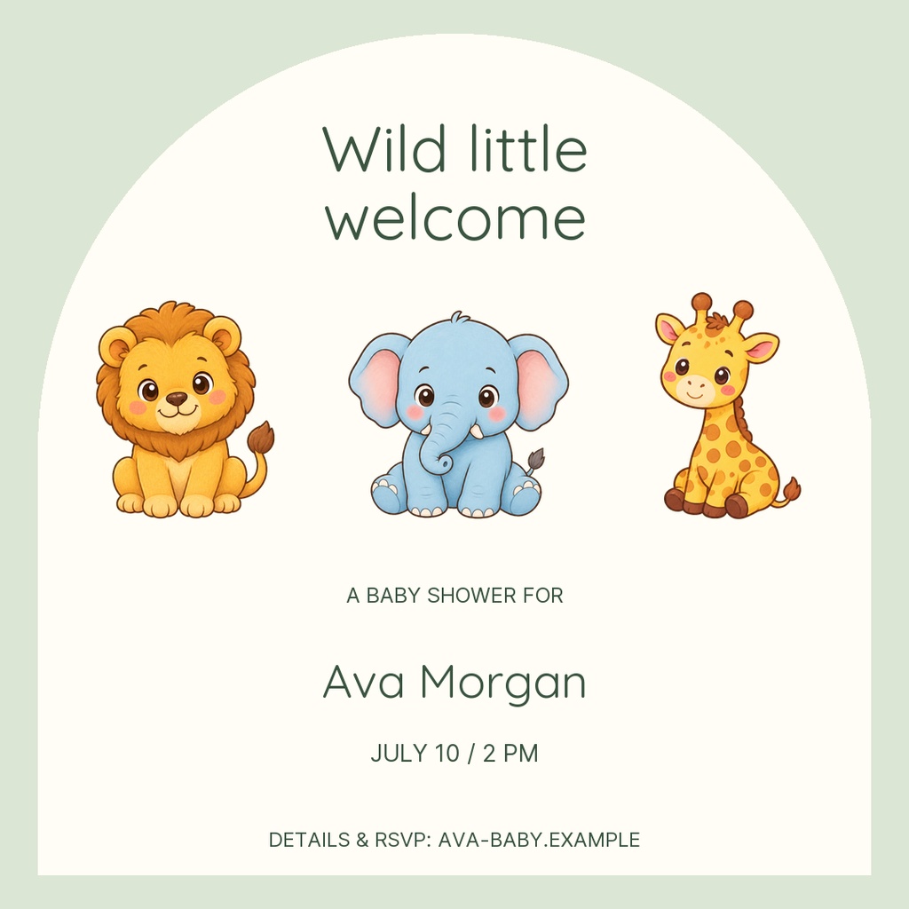 Square baby shower invitation with lion, elephant, and giraffe on a sage background.