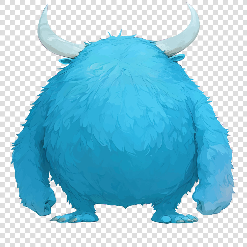A blue monster with horns and shaggy fur