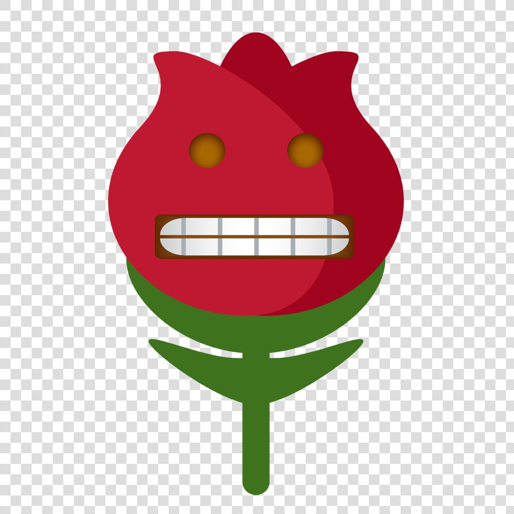 A cartoon red rose with a green stem and leaves, featuring a large mouth with teeth and two small eyes.