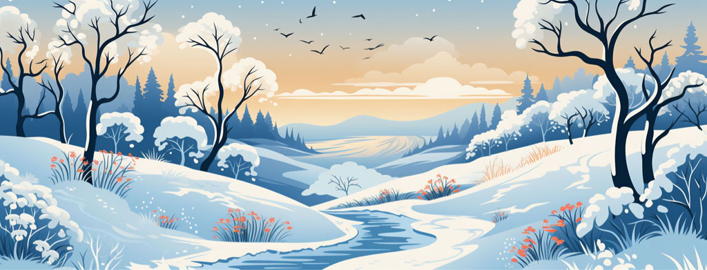 Illustration of a peaceful winter landscape with snow-covered hills and trees