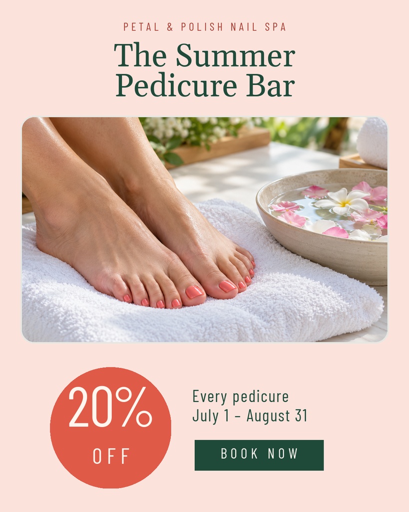 Portrait post with feet in a pedicure bowl, 20% off badge, and book now button on a pink background.