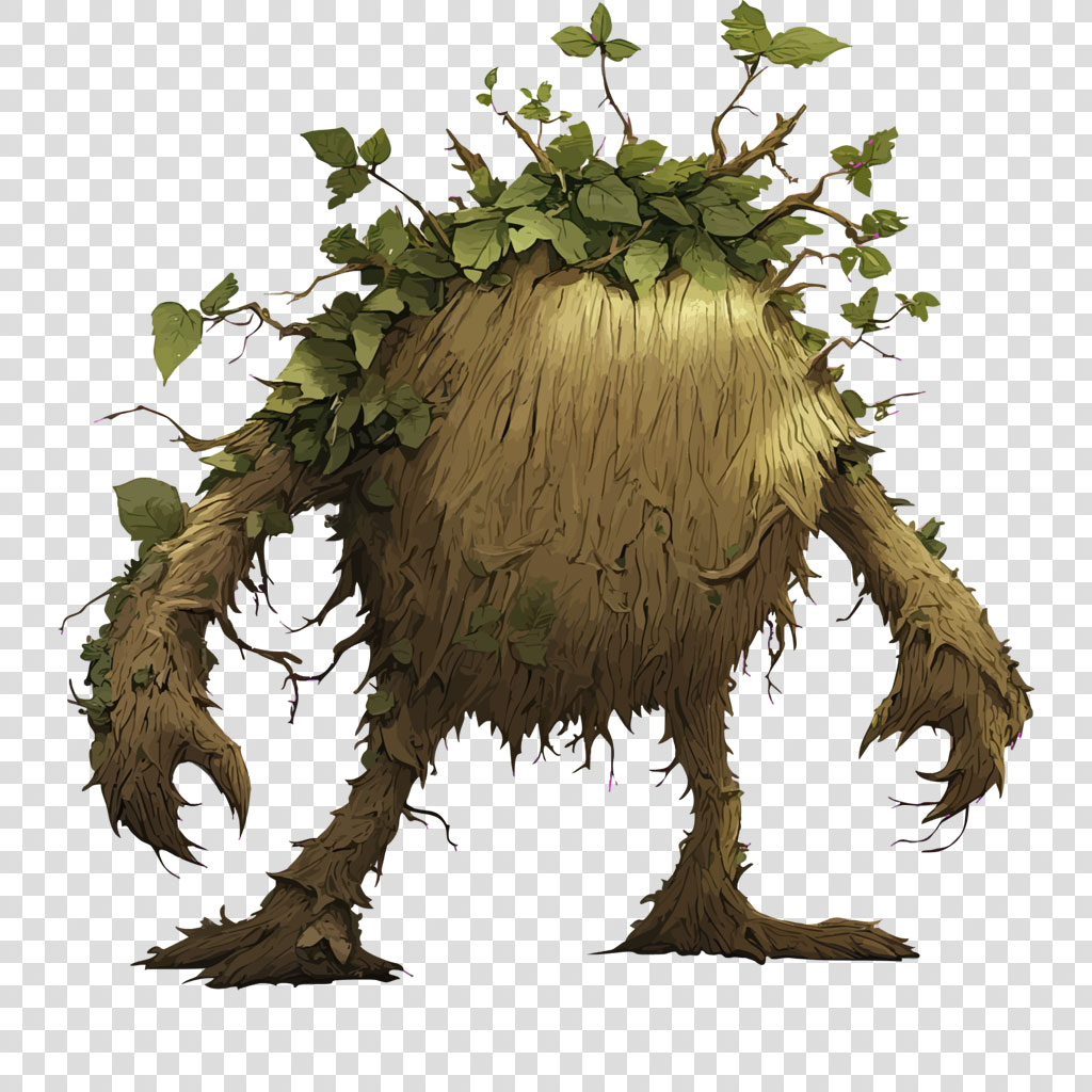 A digital illustration of a mandrake root creature with leaves on its head and rough, bark-like skin.