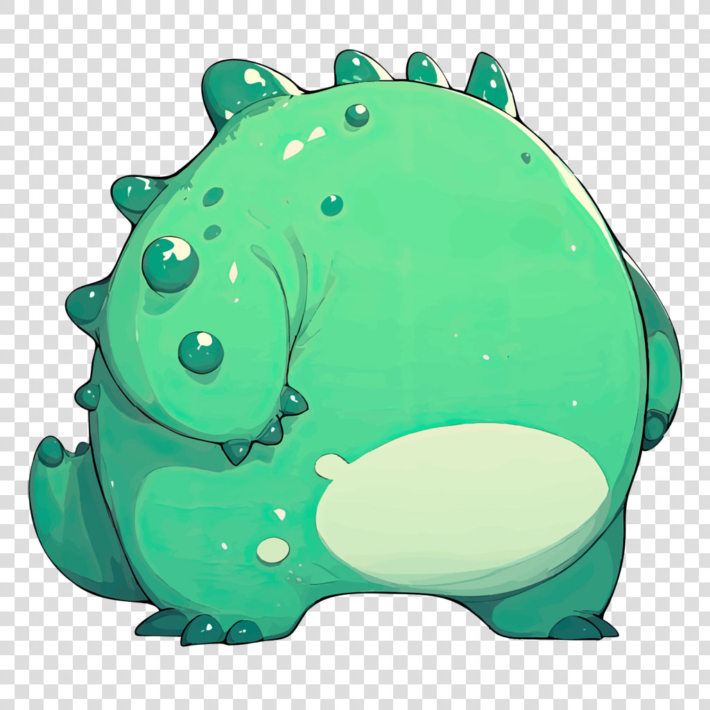 A green cartoon monster with spikes and a cute expression