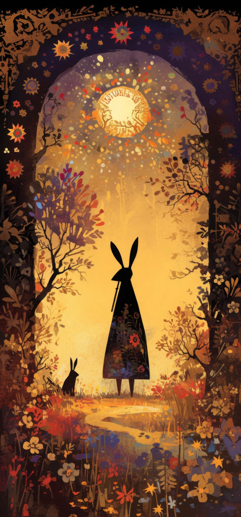 Illustration of a woman with rabbit ears in a garden under a glowing moon