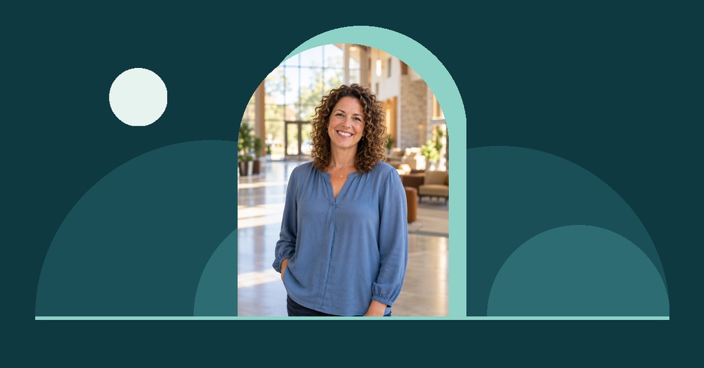 Woman smiling in an arched photo frame on a teal landscape cover background.