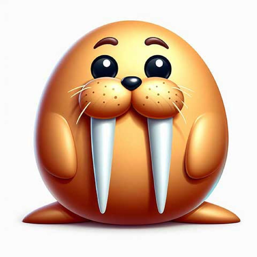A cartoon walrus with large white tusks and a friendly expression