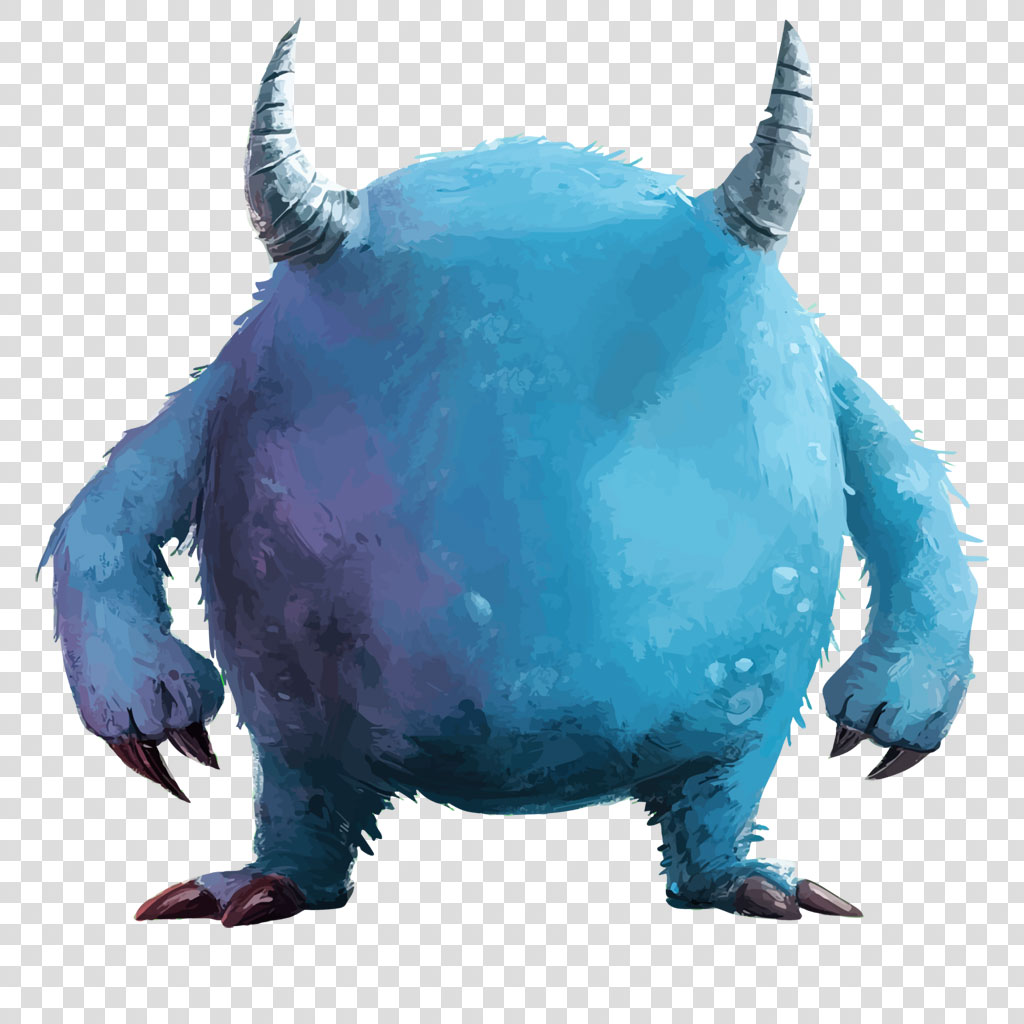 A blue furry monster with two horns and sharp claws on its hands and feet.