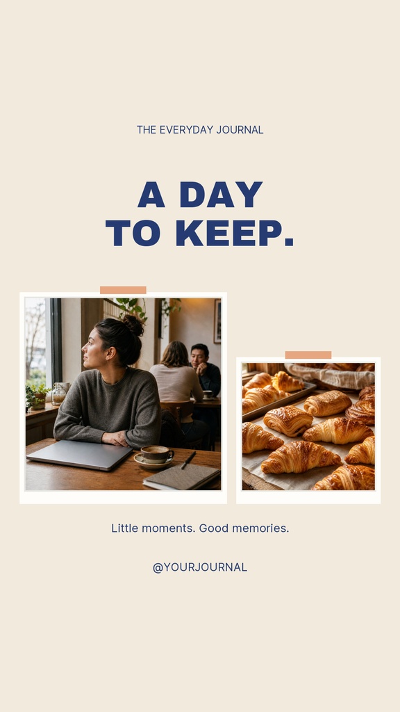 Beige Instagram story template with two photos, bold title, and small journal-style text.