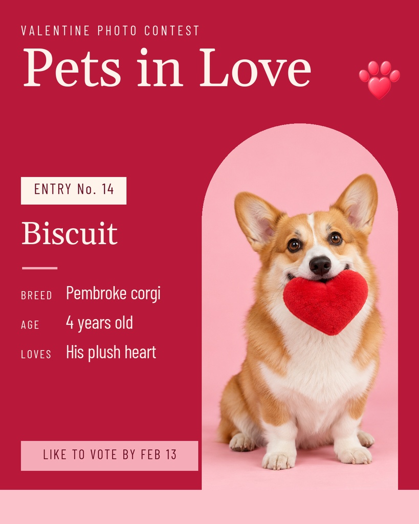 Valentine pet contest poster with a corgi holding a red heart on a pink background.