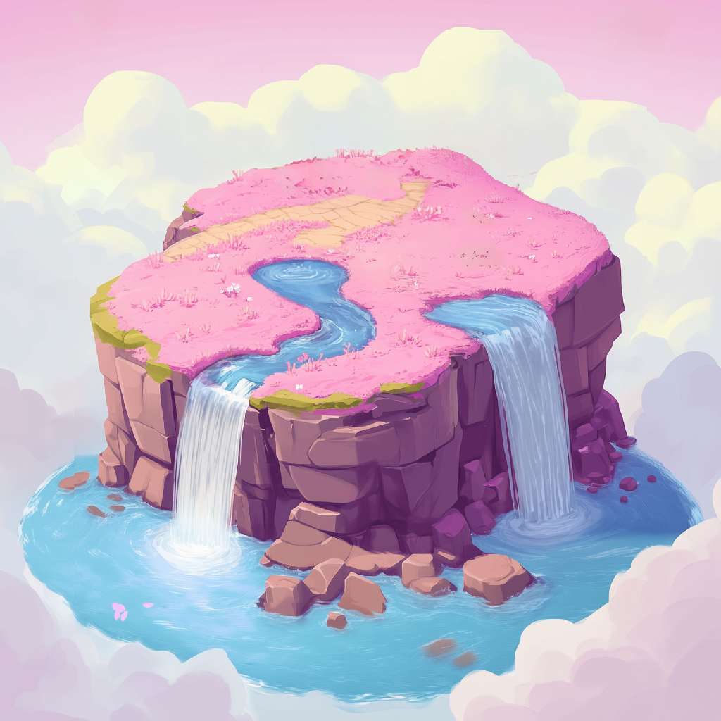 A cartoon-style floating island with pink terrain and two waterfalls