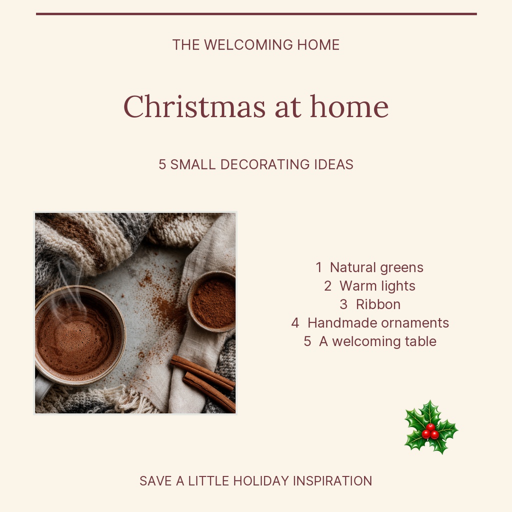 Minimal Christmas decor square post with holiday decorating tips and a small holly graphic.