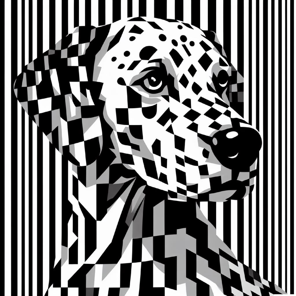 Illustration of a black dog with red eyes and yellow markings