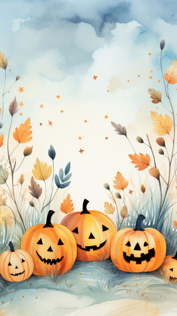 Watercolor illustration of four carved pumpkins amidst autumn leaves