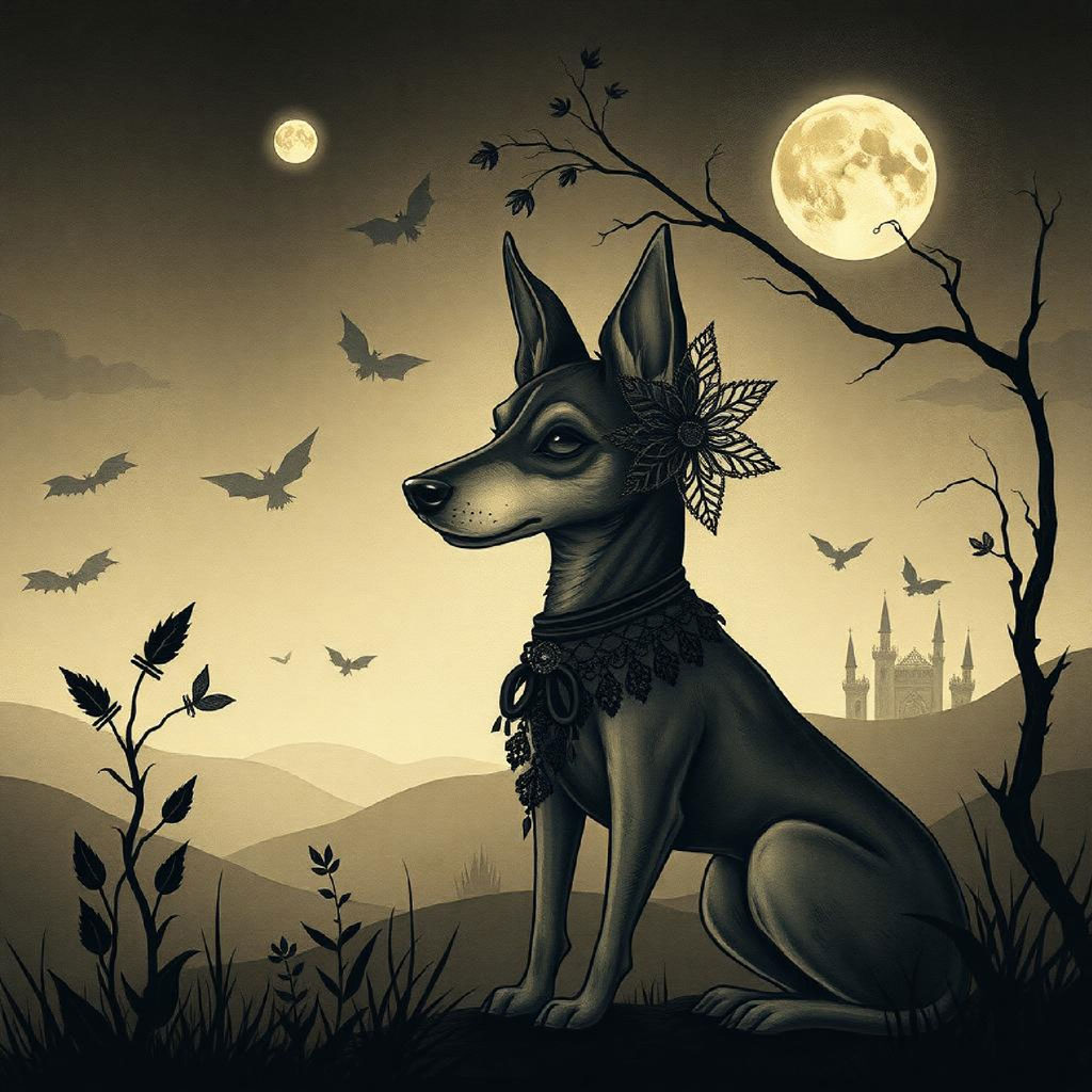 Illustration of a woman in a flowing black dress surrounded by flying birds and yellow flowers under a full moon.