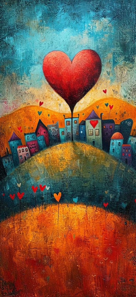 Colorful village scene with a large red heart above it