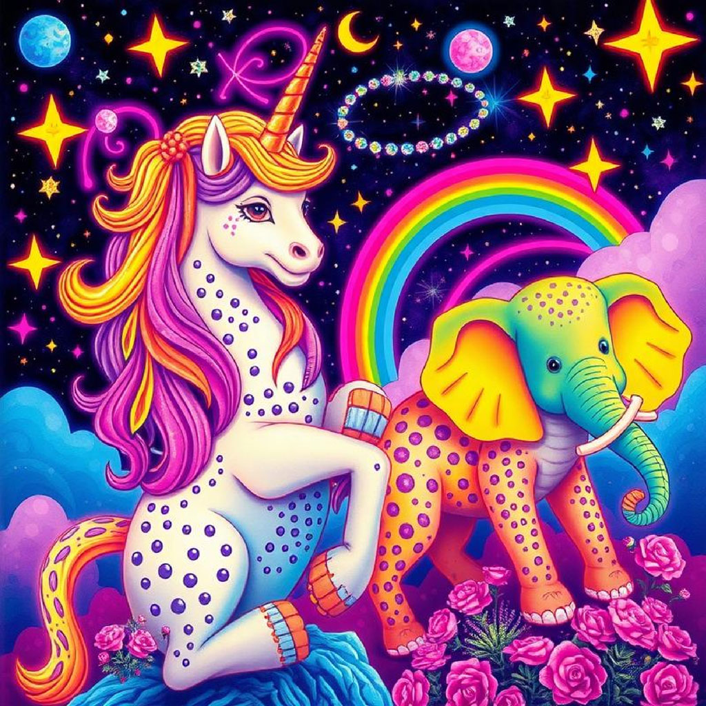 Colorful unicorn and elephant standing together with a rainbow in the background.