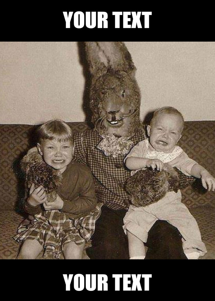 Black and white image of a person dressed as Easter Bunny with two terrified children.