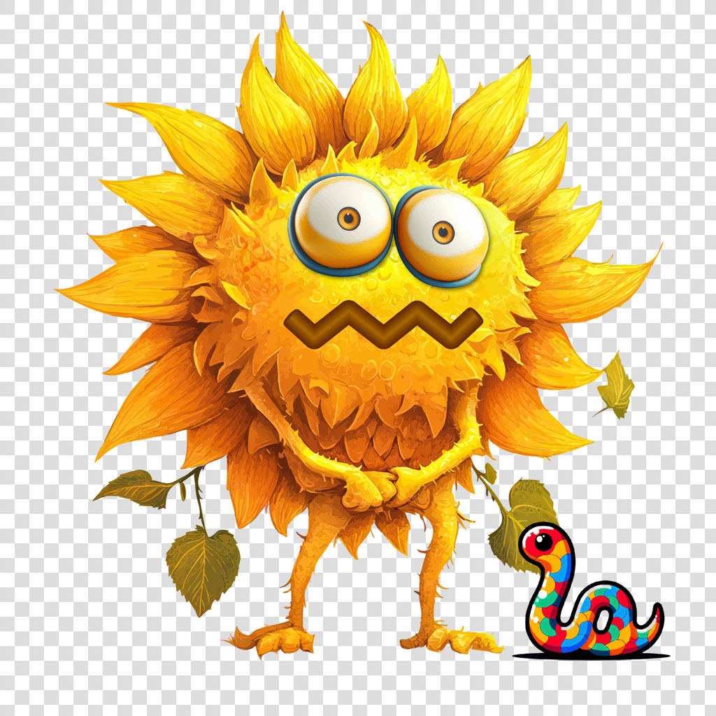 A yellow sunflower character with a sad expression and a multicolored caterpillar