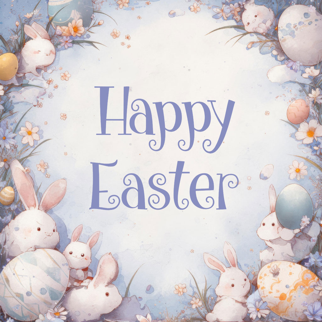Easter greeting card with bunnies and eggs