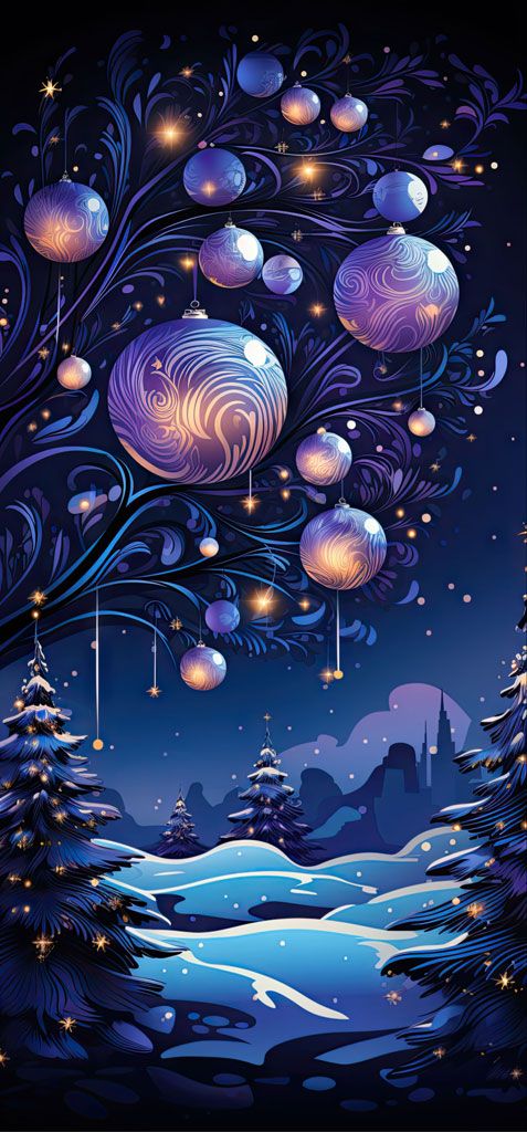 Illustration of a winter scene with a tree decorated with glowing ornaments