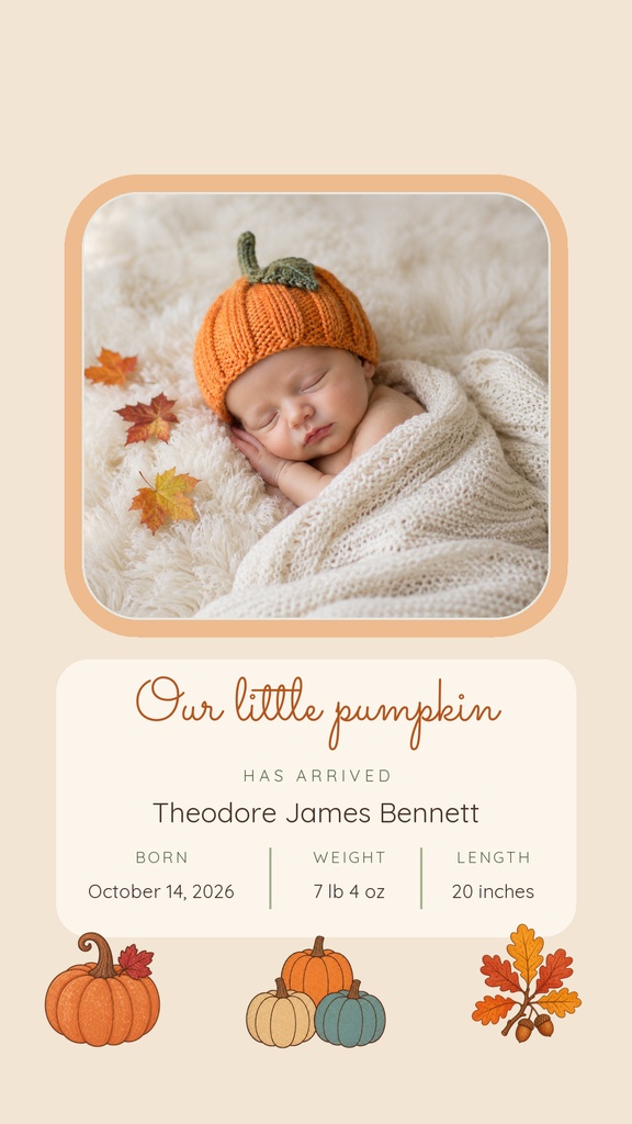 Sleeping newborn wrapped in a cream blanket wearing an orange knit pumpkin hat with fall pumpkins and leaves below