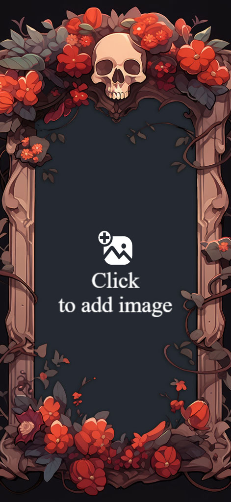 An ornate frame with a skull at the top, surrounded by red flowers and vines on a dark background.