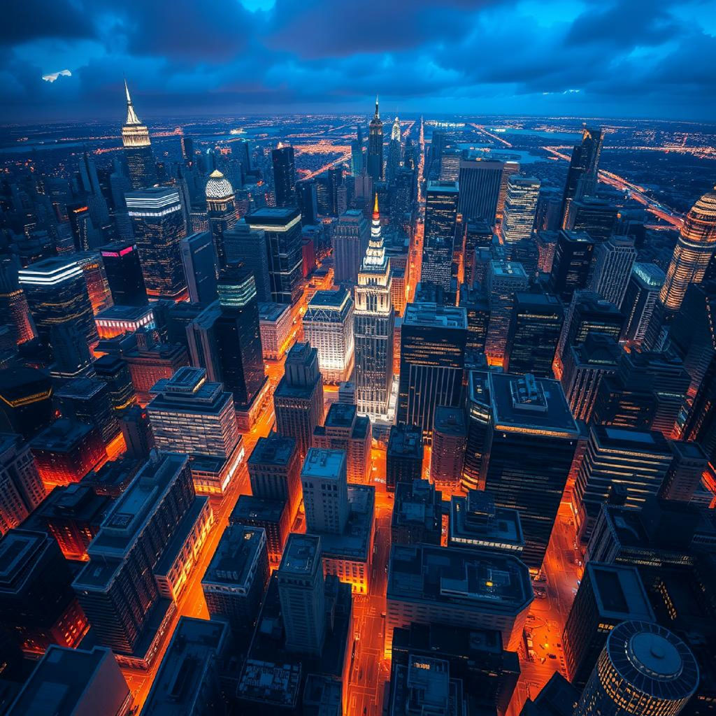 Aerial view of a city at dusk with orange and blue hues.
