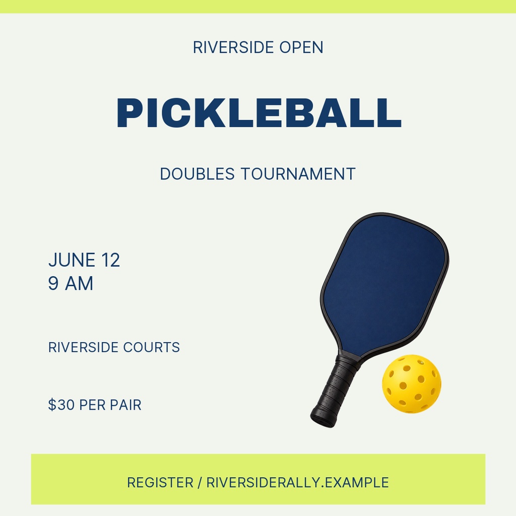Square poster with the words Riverside Open, Pickleball, Doubles Tournament, date, time, court location, and price beside a paddle and ball.