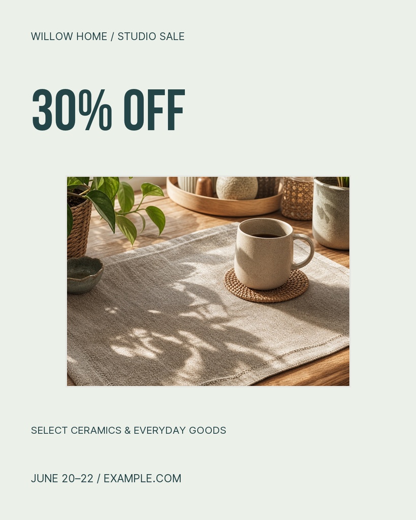 Minimalist portrait sale post with 30% off text, ceramics, mug, and styled home decor items.